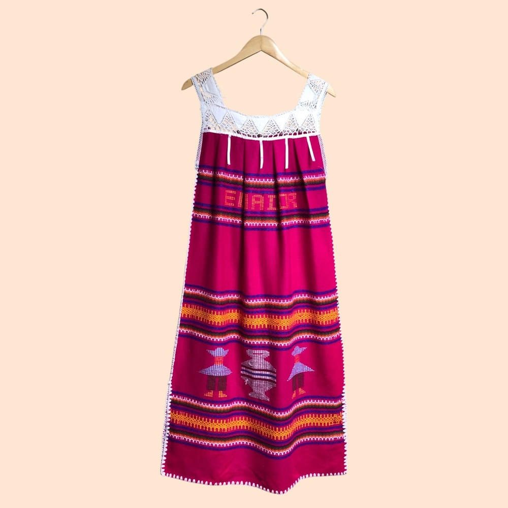 Pink & White Colorful Ecuadorian Folk Dress Maxi Length Knit Embroidered Women